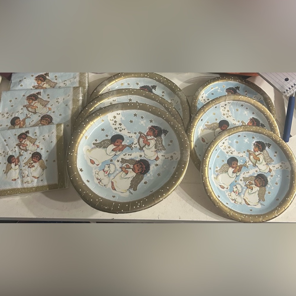 Lot of 9 Vintage Party Creation Ethnic Angels Paper Plates & Napkins New Sealed